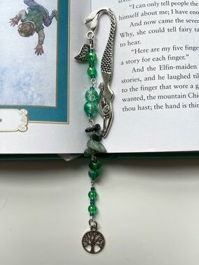 Silver Mermaid Bookmark with Green Beads